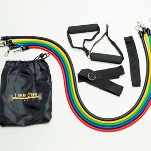 Resistance Band Set. 11 pieces with workout guide.